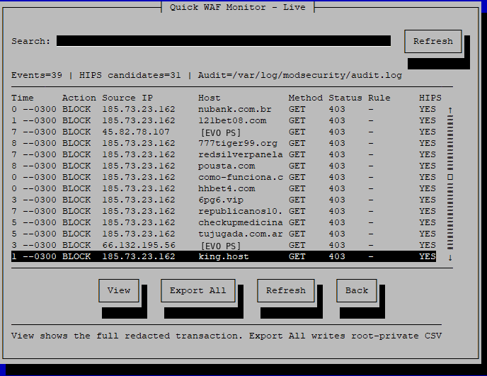 Monitor WAF real do EvoOS mostrando eventos bloqueados em operação